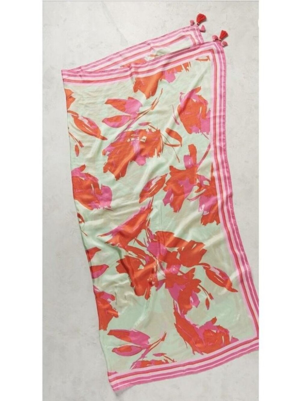 Zenzii Anthropologie SILK Bright Floral Square Scarf cover up Tassel Sage Red OS